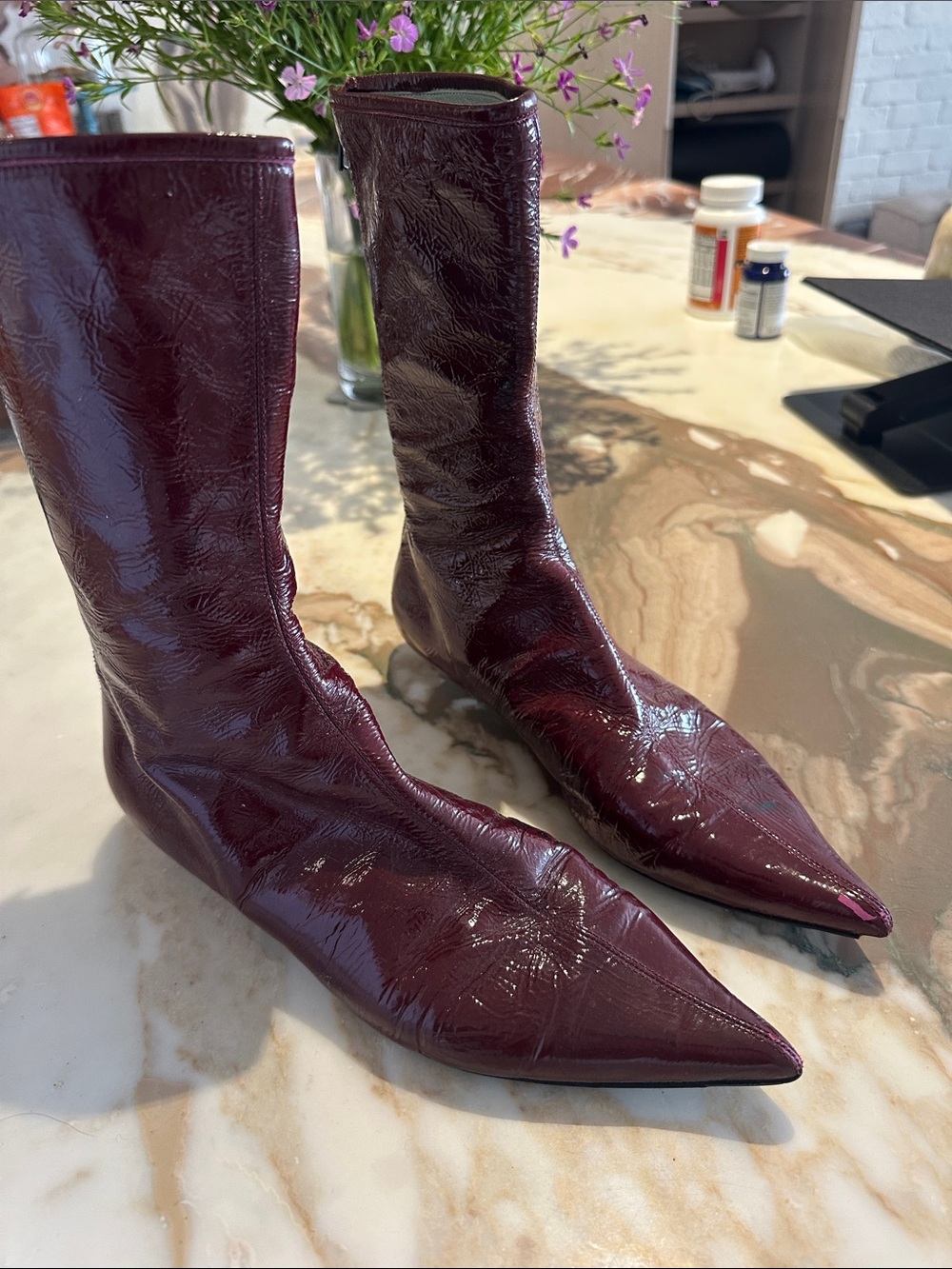 Sigerson Morrison Burgundy Patent Leather Pointed-Toe Mid-Calf Boots